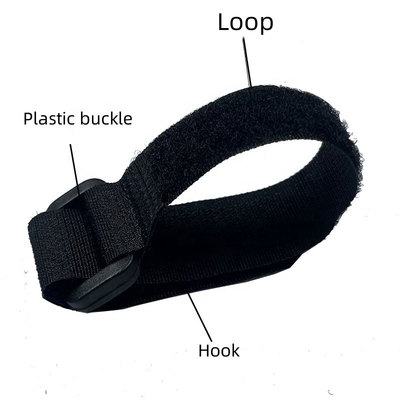 Custom Black nylon hook and loop strap with plastic buckle for cable data room and sport medical purpose